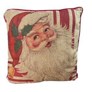 Christmas Pillow With Vintage Santa Claus Print 20"x20" Red & Beige Holiday Deco